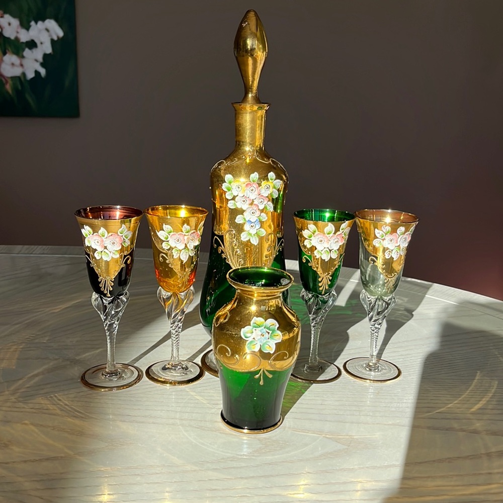 Czech hand painted glass cocktail set.